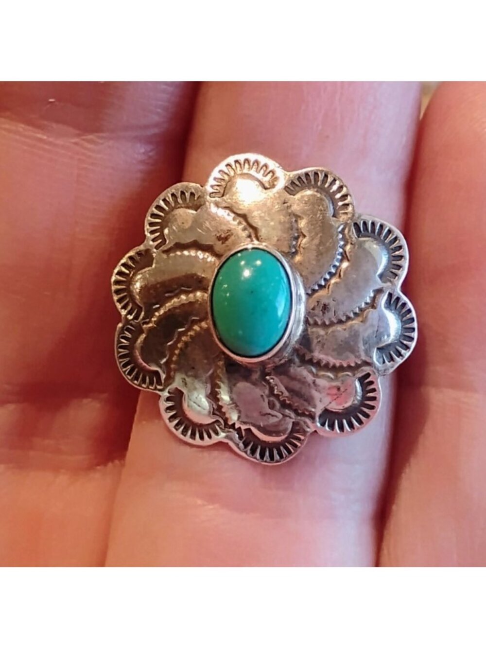 Vtg Native Navajo Old Pawn Sterling Silver Turquoise Concho Swirl Ring Size 6
